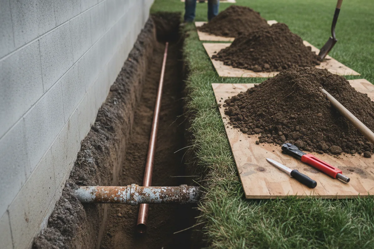 Excavated water line trench during Sewer Line Repair in North Berwick